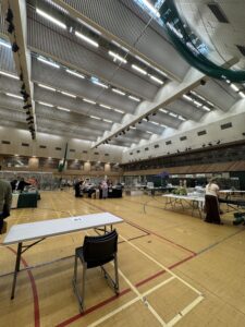 Large sports hall being prepared for the Tropical Bird Show.